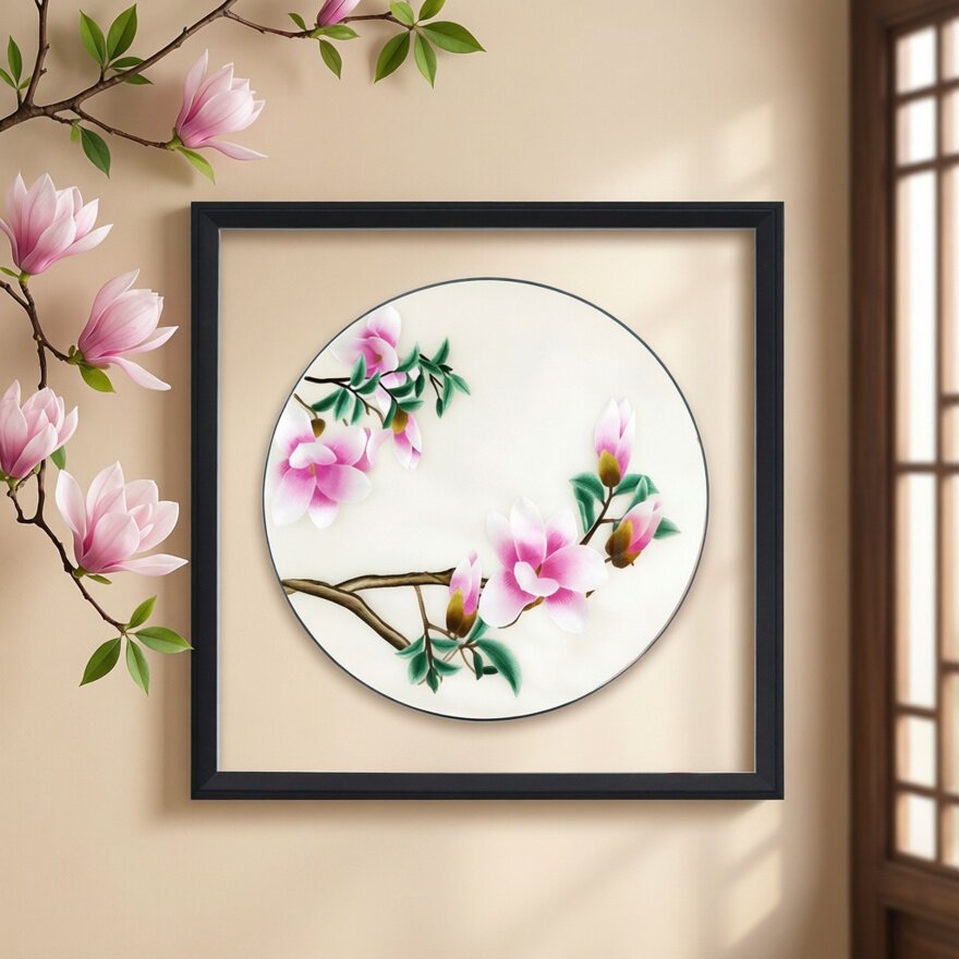 苏绣成品挂画客厅组合玉兰花鸟纯手工刺绣现代新中式装饰画