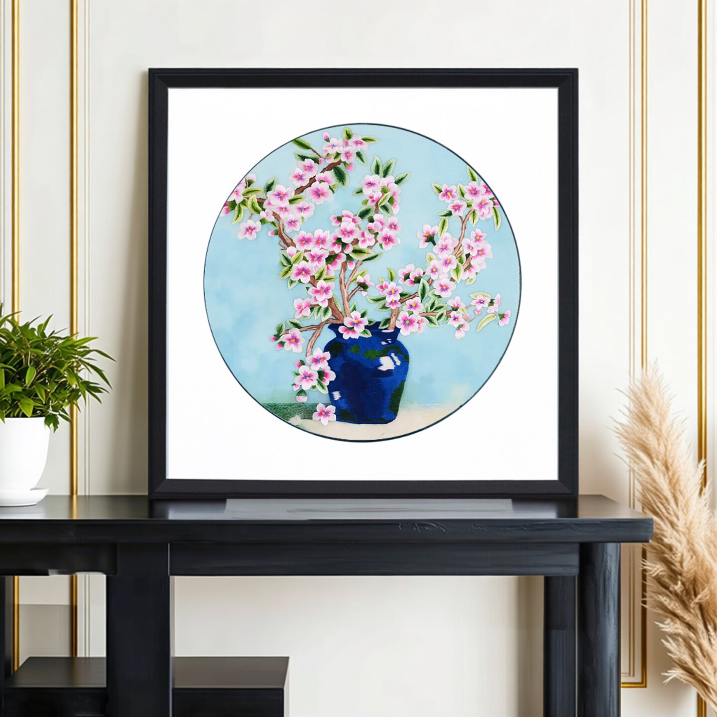 苏绣成品挂画桃花背景墙装饰画苏州纯手工刺绣新中式高端