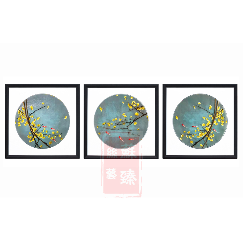 苏绣成品挂画客厅组合三联苏州纯手工刺绣山水现代新中式装饰画图片