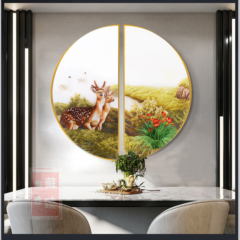 苏绣成品挂画鹿客厅玄关装饰画苏州纯手工刺绣圆形中式欧式图片