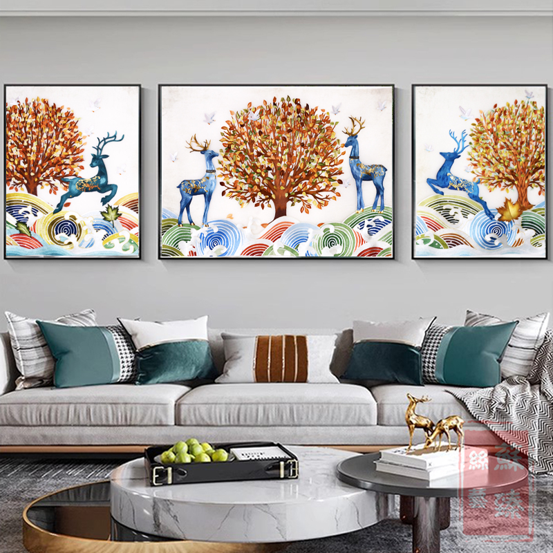苏绣成品挂画客厅背景墙鹿三联装饰画苏州纯手工刺绣北欧式现代图片