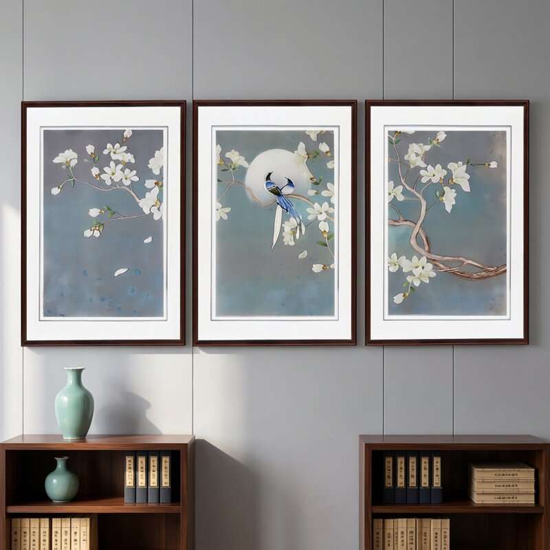 苏绣成品挂画客厅背景墙白玉兰花鸟三联装饰画纯手工刺绣新中式