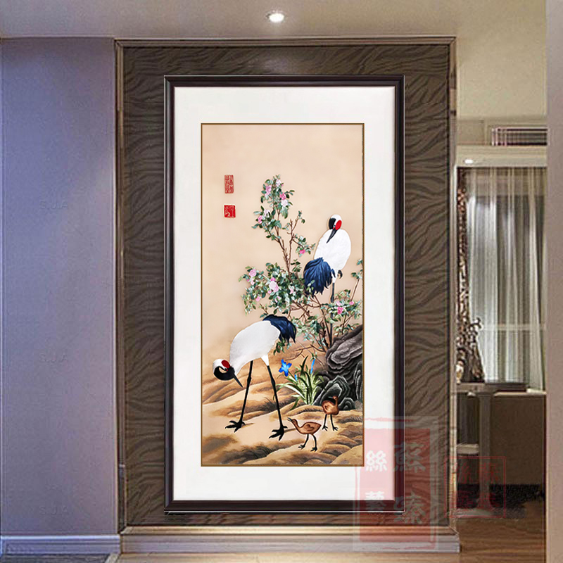 苏绣成品挂画玄关竖幅天鹅仙鹤中欧式装饰画苏州纯手工刺绣真丝图片