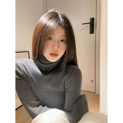 韩版灰色高领长袖T恤女秋季新款收腰修身打底衫纯色紧身内搭上衣