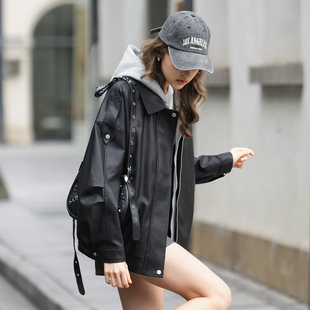 唐狮2026春季皮衣外套女款假两件连帽皮衣时尚宽松美式复古冬黑色