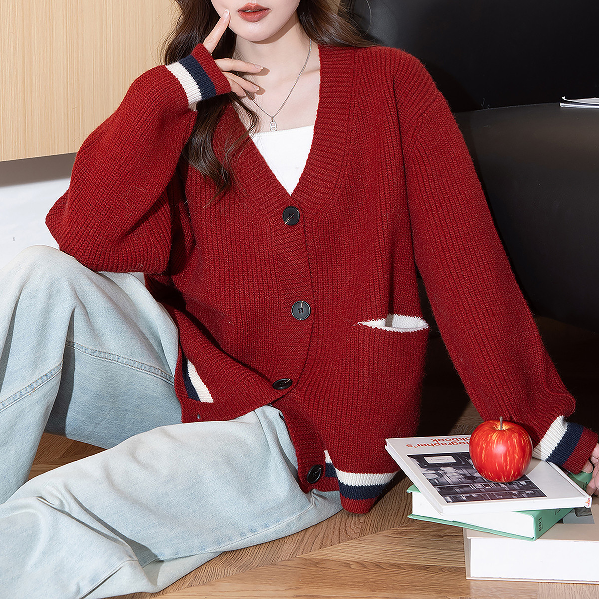 唐狮2026秋冬季女毛衣学院风显瘦开衫外套红色系显白宽松百搭,女装/女士精品,毛衣,淘宝优惠券,粉丝福利购,淘宝优惠卷