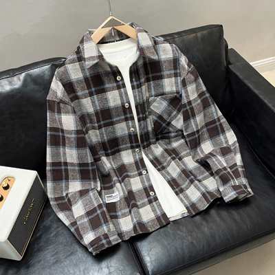 唐狮春秋季新款条纹衬衫男长袖日系宽松休闲青少年蓝色男衬衣外套