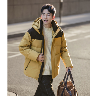 唐狮2025冬季男连帽外套撞色拼接短款羽绒服男款冬季时尚休闲保暖