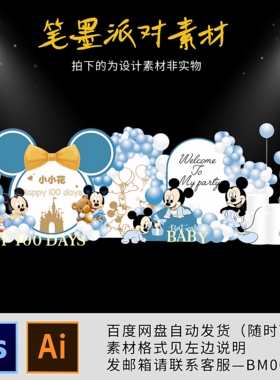 蓝色米奇米妮主题宝宝百日宴周岁生日派对KT板背景板设计舞台素材