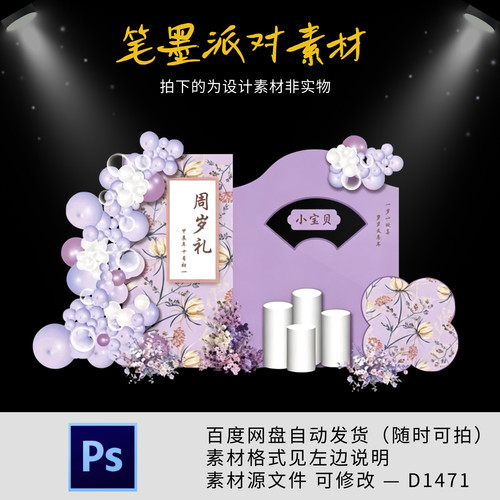 新中式紫粉色古典花卉宝宝宴周岁生日宴拍照背景迎宾牌PS设计素材