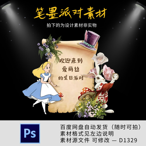 爱丽丝梦游仙境主题宝宝宴生日宴满月百天周岁宴背景设计素材ps