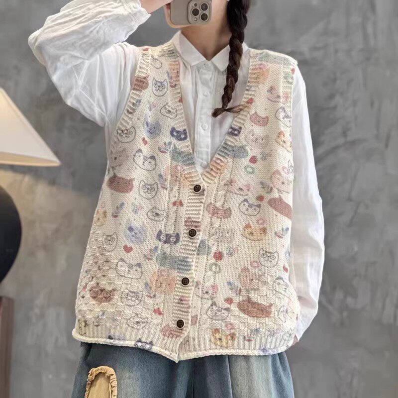 V领卡通印花棉线针织马甲女2024春秋新款可爱小清新文艺开衫背心