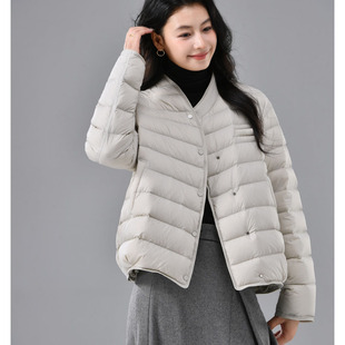 时尚V领90白鸭绒羽绒服女25冬装落肩袖条纹短款保暖小个子外套潮