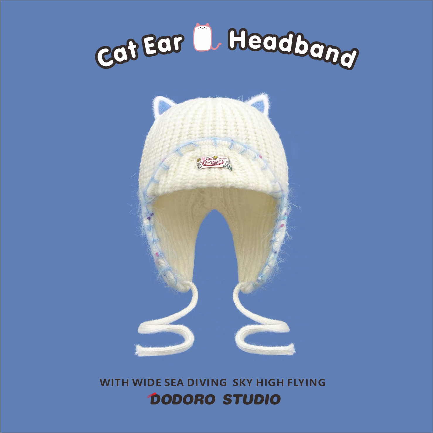 可爱猫咪耳朵针织系带护耳毛线帽