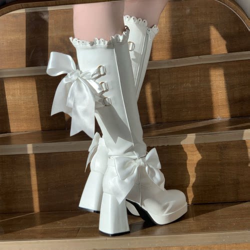 【古堡骑士】喵喵呜原创Lolita靴子lo娘长筒靴温柔显瘦粗跟防水台