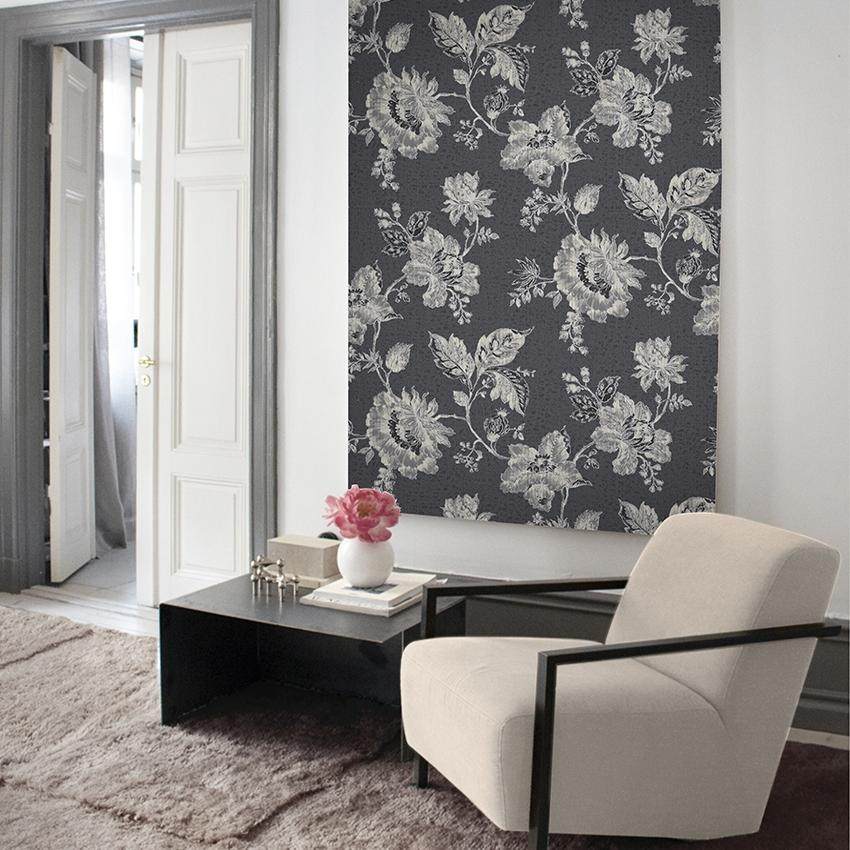 卷草牡丹莨苕 无缝墙布 黑灰绿 提花高密度 卧室客厅别墅酒店 M33