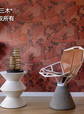 京三木 日本风格无缝墙布背景墙 浮世绘居酒屋壁画 日式红色唐朝