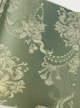 宫廷法式 无缝墙布 缎光欧美奢华大马士革花篮AB版 帝王黄绿色B52