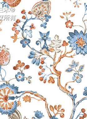 京三木 粉紫色美式花卉无缝墙布 无缝壁布 佩斯利 地中海蓝色 QM