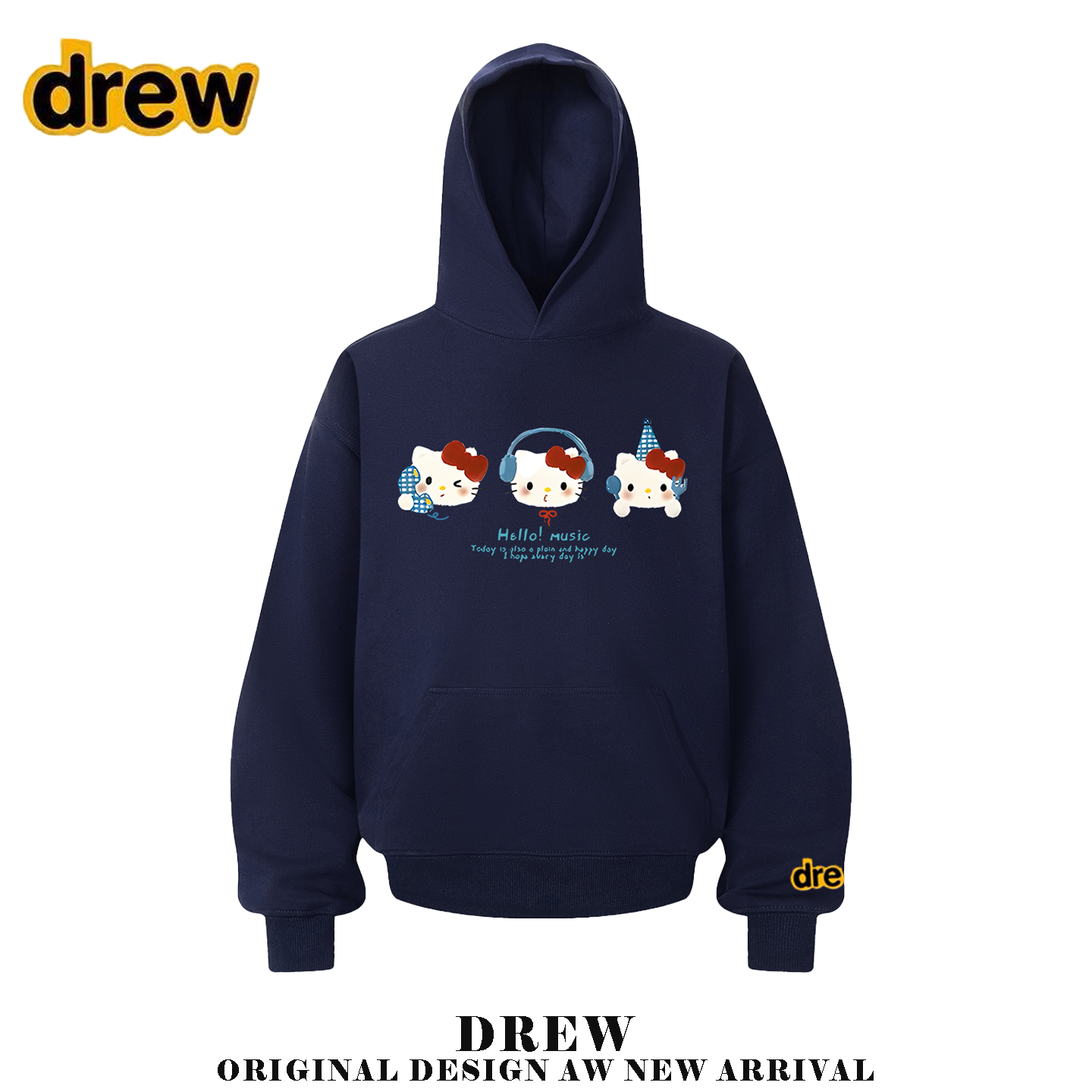 drew美式潮牌趣味kitty连帽加绒卫衣女男情侣款秋冬宽松帽衫外套