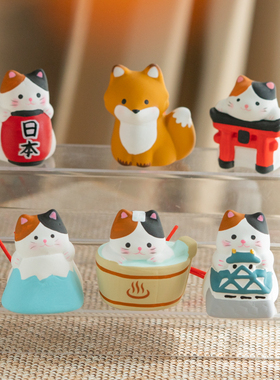 龙虎作日系超萌治愈日本名所富士山温泉城堡灯笼招福猫咪福签摆件