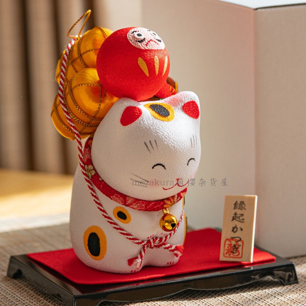 日本制 京都龙虎作手工绢布开运福袋达摩金运招财猫 开业摆件送礼
