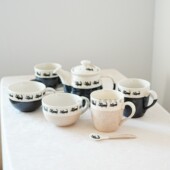 日本制 美浓烧餐具可爱散步猫咪马克杯咖啡杯茶壶套装 送礼自用