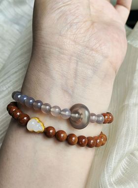 千玺原创天然库克灰玛瑙双圈手串玛瑙玉跑环国风中式女手链小红书