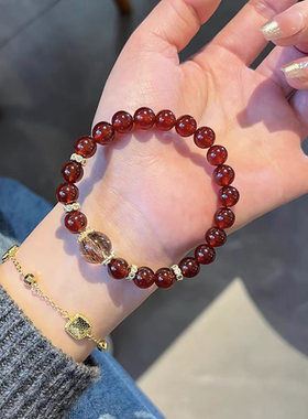 保真天然红玛瑙手链女款东海水晶手串招财黑超七女友闺蜜生日礼物
