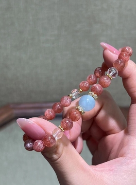 原创天然太阳石海蓝宝单圈手串女款新中式水晶佛珠手链饰品礼物