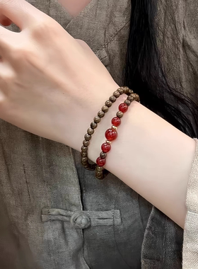 天然金丝檀木搭配红玛瑙双圈手串男女木质文玩佛珠多圈古风手链