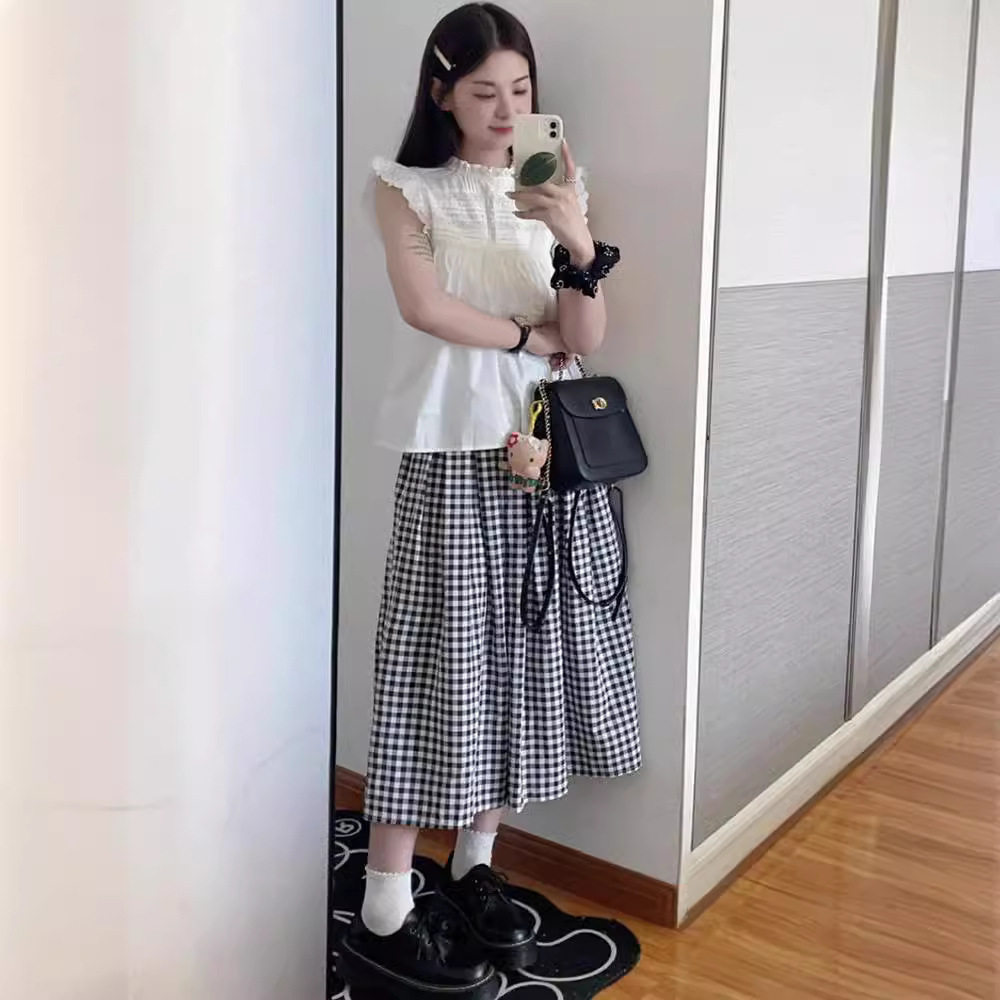 黑白格子半身裙女春夏季2025新款高腰中长款伞裙小个子气质a字裙