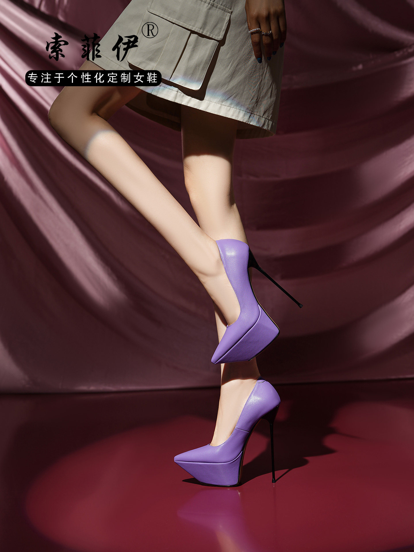 Giày cao gót nữ mũi nhọn gót siêu cao 16 cm platform chống nước — Đen, Tím, Trắng