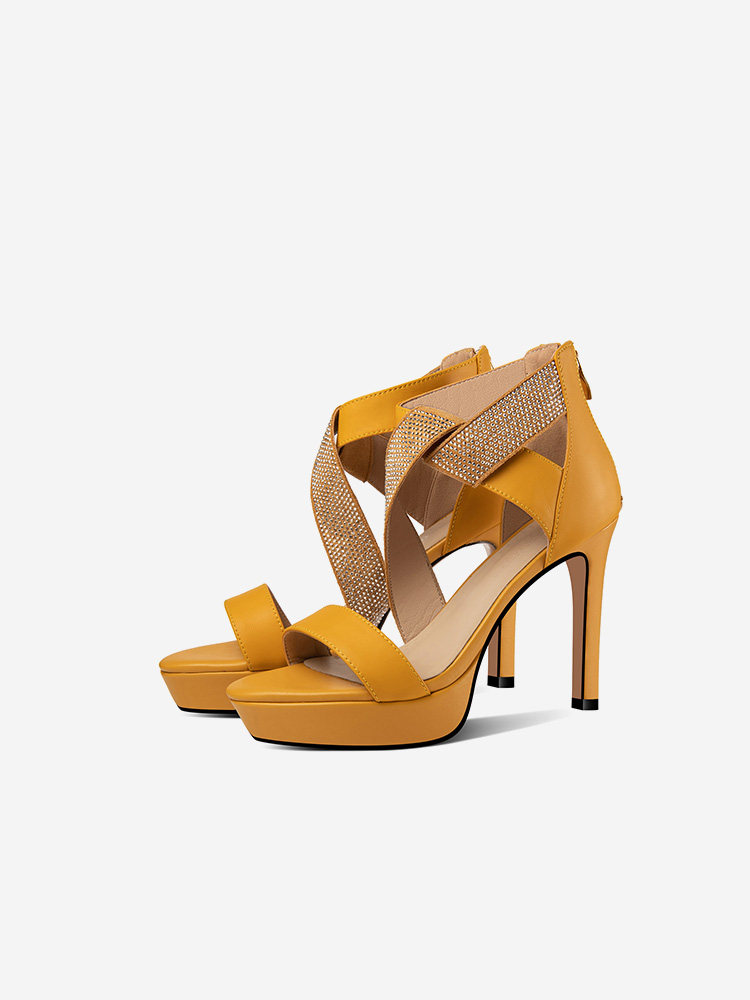 Sandal cao gót nữ hở mũi gót nhọn 9 cm quai mảnh đính đá — Vàng, Xanh da trời