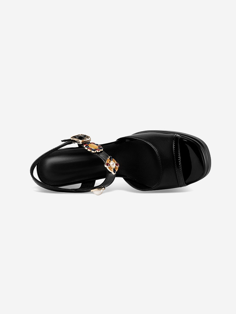 Sandal cao gót nữ mũi cá kiểu Pháp Sophie, gót vuông dày platform, quai khóa một bên — Đen, Trắng ngà