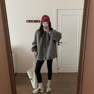 韩版拉链连帽加厚保暖羊毛大衣短