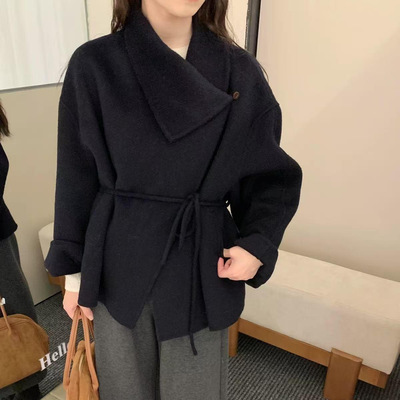 大翻领短款双面羊毛大衣女