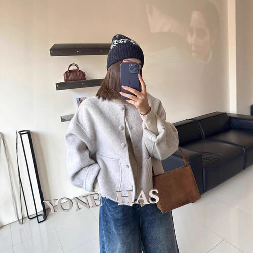 双面羊绒大衣女短款圆领宽松