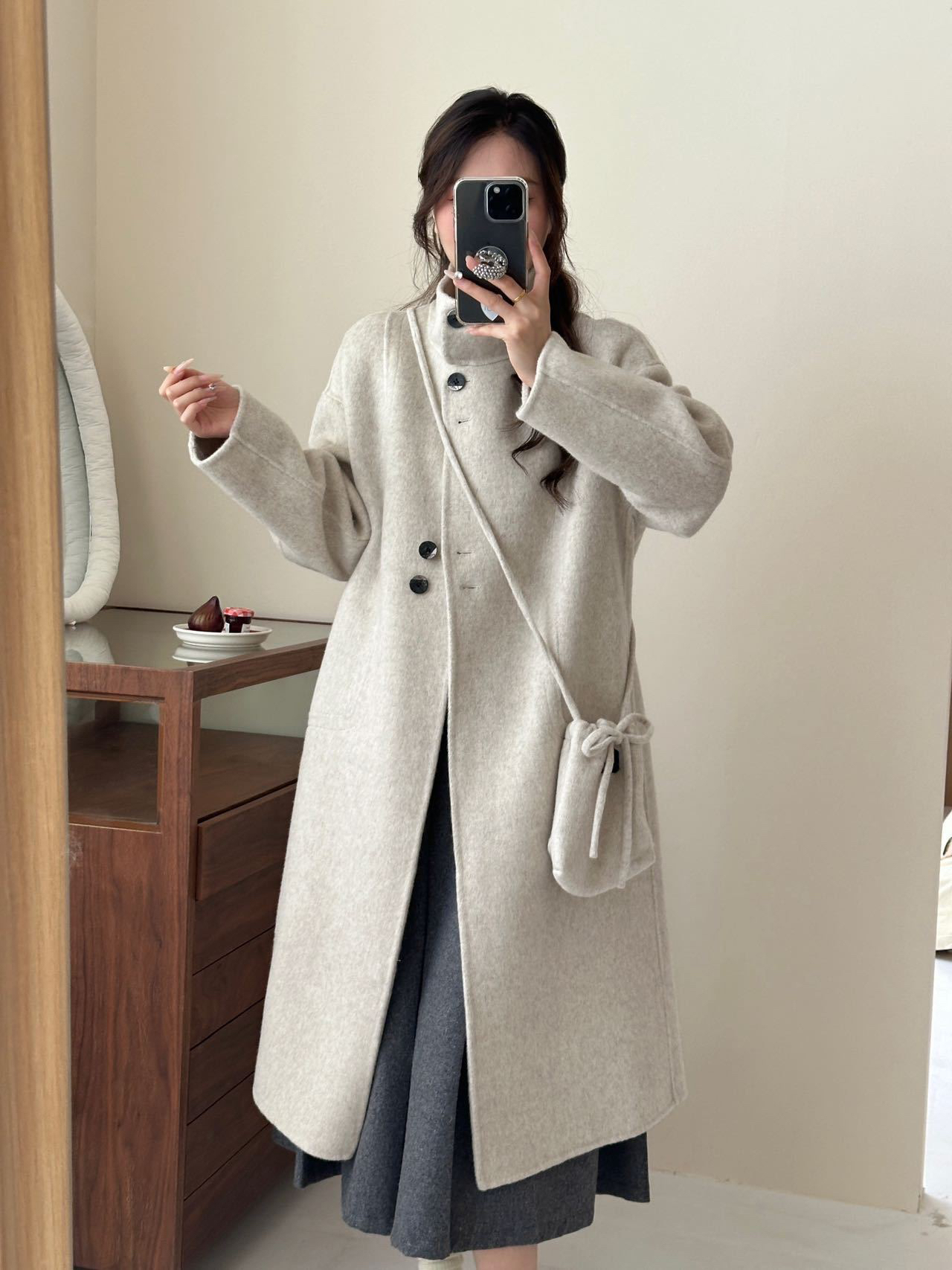 立领单排扣中长款过膝羊毛大衣