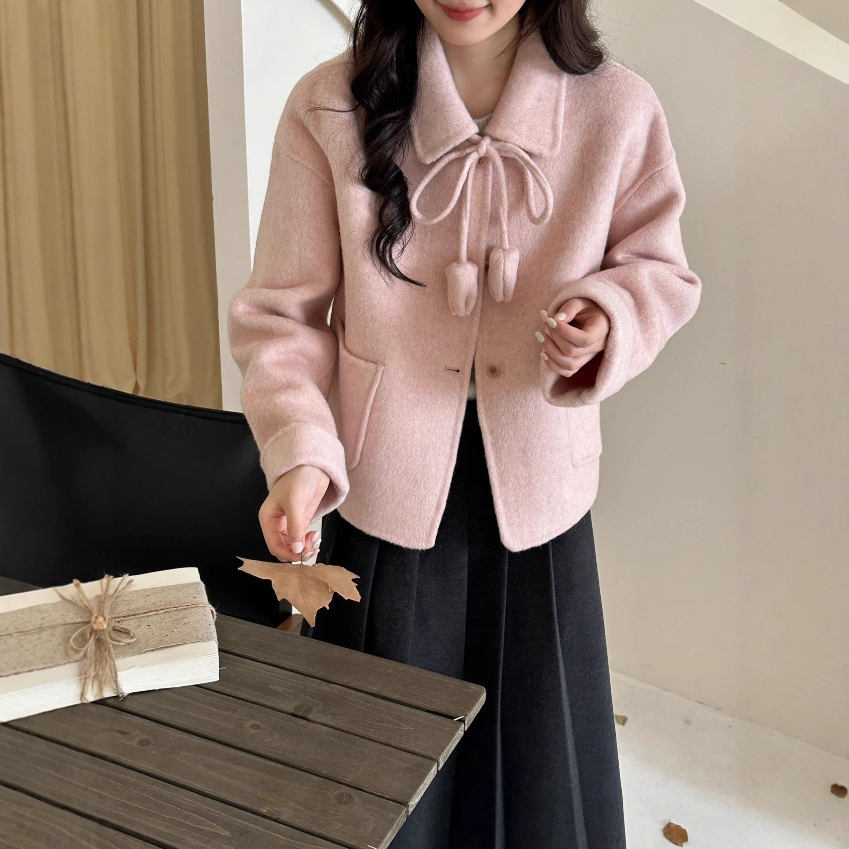 翻领双面羊毛大衣女短款小个子厚