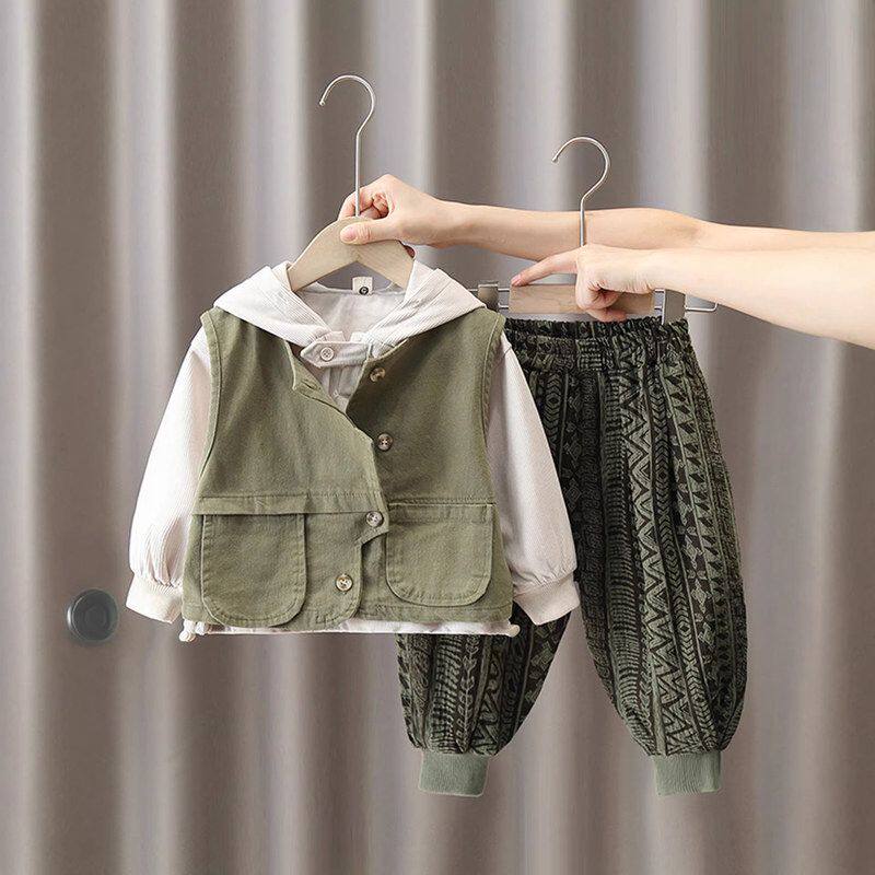 1610儿童灯芯绒卫衣套装洋气宝宝韩版春装男童酷帅马甲春秋三件套