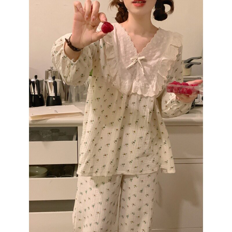 韩国外贸新品女士花边领全棉双层纱小碎花宽松长袖睡衣家居服套装