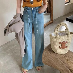 2025春夏高腰显瘦弹力蓝色抽绳宽松不贴腿微喇叭牛仔长裤 6230 速