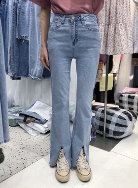 qiqi琦琦7960#夏薄 高腰显瘦显腿长高弹力蓝色开叉牛仔长裤拖地裤