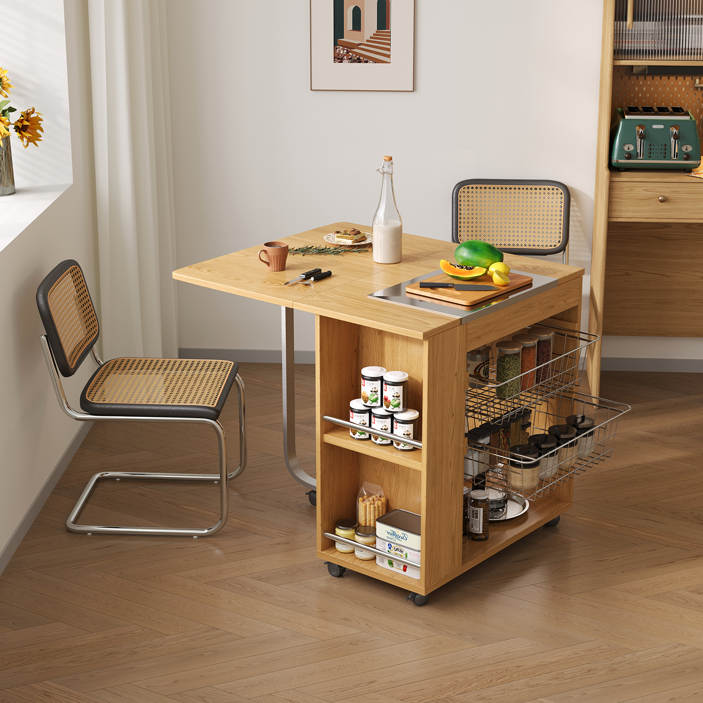 可移动折叠餐桌家用小户型岛台厨房小推车吧台茶水柜收纳餐边柜