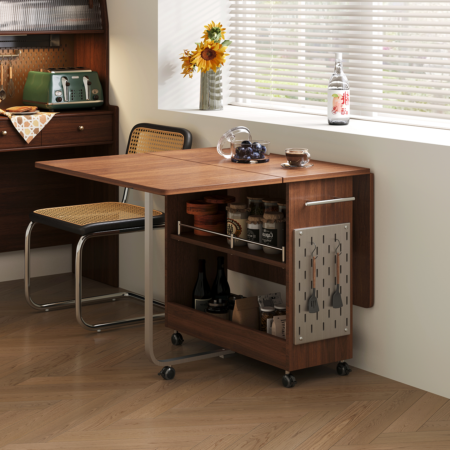 日式包豪斯折叠餐桌小户型移动吃饭桌子中古风储物可伸缩饭桌