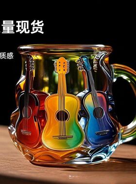 跨境新款彩绘吉他马克杯音乐艺术杯马克杯咖啡杯子创意工艺品摆件