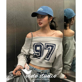 徐若晗同款 灰色一字肩卫衣女26春秋韩系休闲短款 一字领斜肩上衣潮