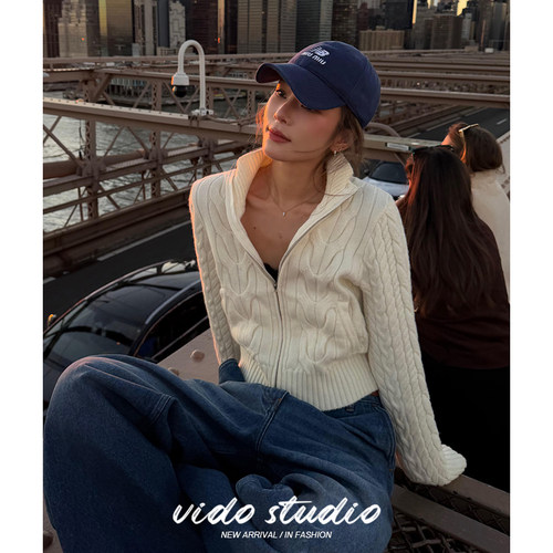 博主同款拉链翻领毛衣开衫女25秋冬老钱风高级感羊毛衫针织短外套