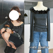 赵露思同款 芭蕾风上衣 法式 灰色立体玫瑰一字领露肩针织打底衫 修身